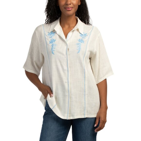 SELFIE LESLIE White Linen Blend Jeni Embroidered Shirt - Picture 1 of 2